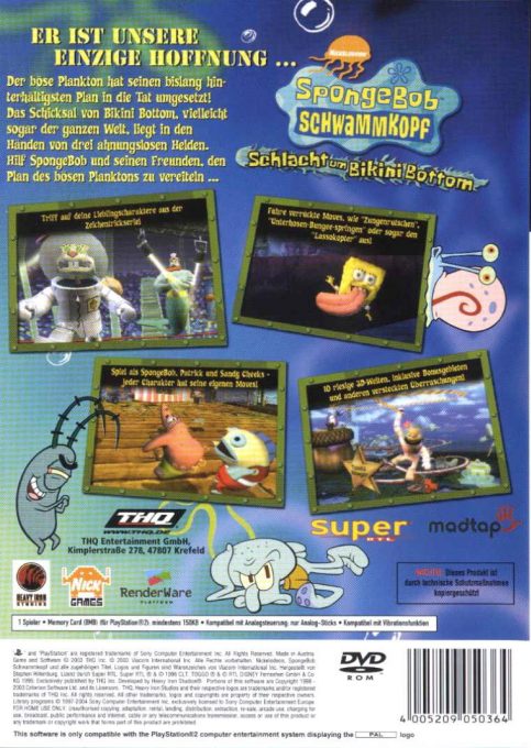Bob L'éponge : La Bataille de Bikini Bottom - Dos